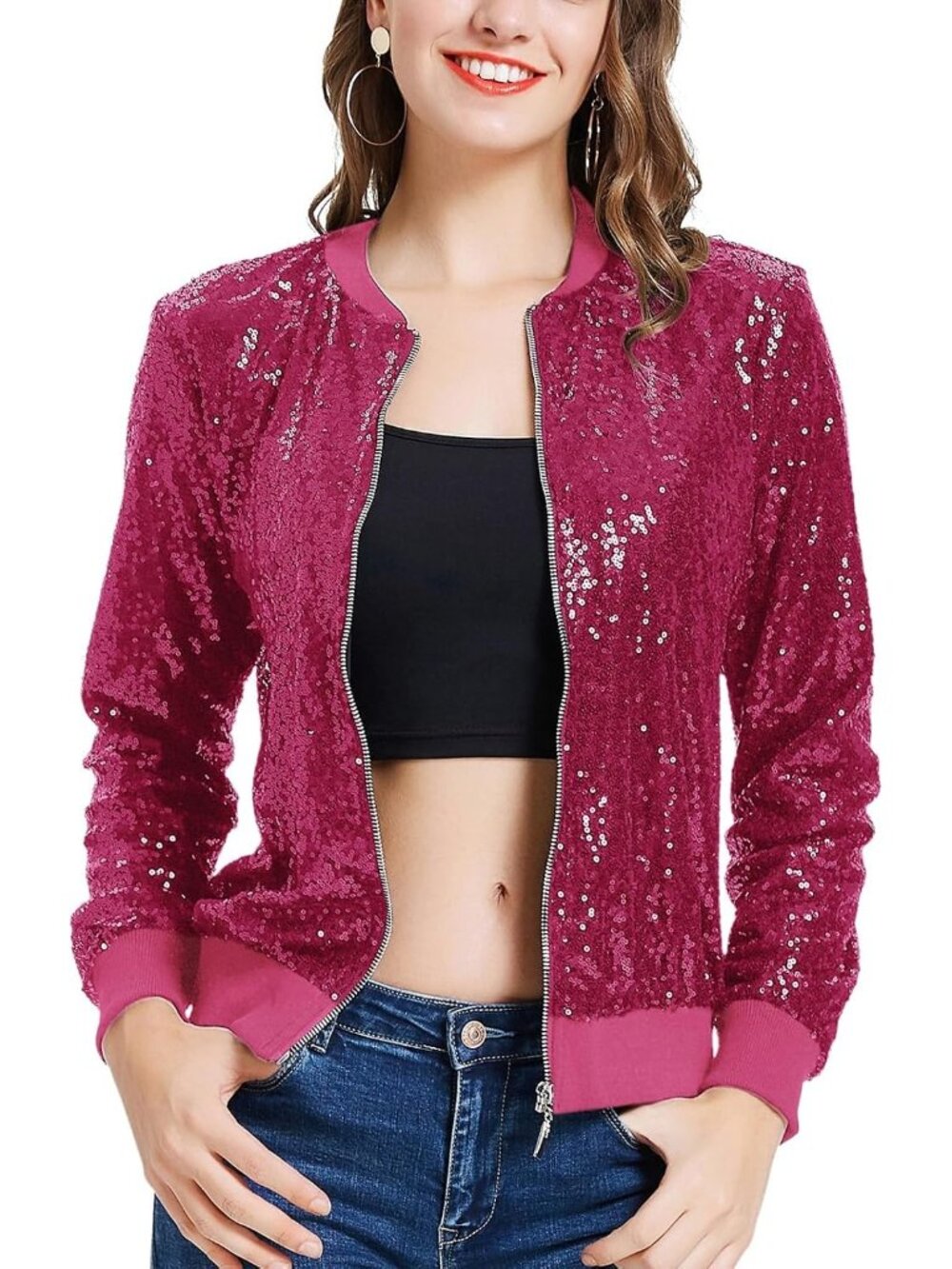 〽️Women’s Hot Pink Sequin Bomber Jacket Long Sleeve Zip Up Party Sparkle Blazer